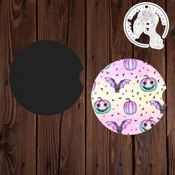 Pastel Bats & Pumpkins Car Coasters | Car Accessories | Car Coaster | Washable - Picture 1 of 3